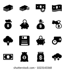 Solid vector icon set - dollar vector, cash, money bag, piggy bank, encashment, upload cloud, save, wallet time, exchange data
