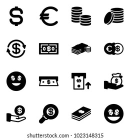 Solid vector icon set - dollar sign vector, euro, coin, exchange, cash, smile, atm, investment, search money