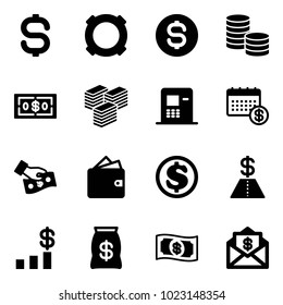 Solid vector icon set - dollar sign vector, currency, coin, big cash, atm, calendar, pay, wallet, chart, money bag, mail