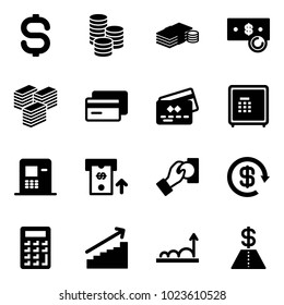 Solid vector icon set - dollar sign vector, coin, cash, big, credit card, safe, atm, pay, reload, calculator, growth