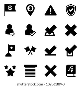 Solid vector icon set - dollar flag vector, pin, attention road sign, shield check, user login, delete cross, flags, stars, jalousie, abc book