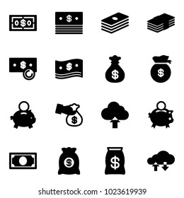 Solid vector icon set - dollar vector, cash, money bag, piggy bank, encashment, upload cloud, exchange data
