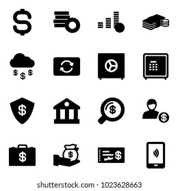Solid vector icon set - dollar sign vector, coin, cash, money rain, card exchange, safe, bank, search, account, case, investment, check, mobile payment