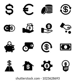 Solid vector icon set - dollar sign vector, euro, coin, exchange, investment, piggy bank, wallet time, reload, money, home, managemet, business idea