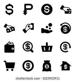 Solid vector icon set - dollar sign vector, ruble, coin, card pay, cash, money back, wallet, click, basket, reload, cart, bag, home