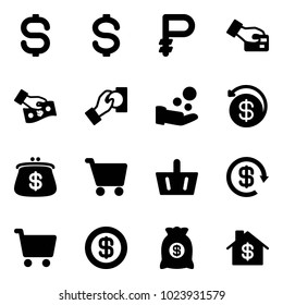 Solid vector icon set - dollar sign vector, ruble, card pay, cash, money back, purse, cart, basket, reload, bag, home