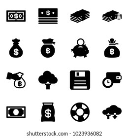 Solid vector icon set - dollar vector, cash, money bag, piggy bank, encashment, upload cloud, save, wallet time, lifebuoy, exchange data