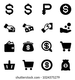 Solid vector icon set - dollar sign vector, ruble, coin, card pay, cash, wallet, purse, money click, cart, basket, bag
