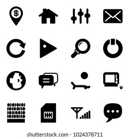 Solid vector icon set - dollar pin vector, home, settings, mail, reload, play, magnifier, standby, globe, dialog, lounger, monoblock pc, binary code, sim, fine signal, chat