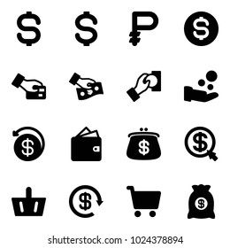 Solid vector icon set - dollar sign vector, ruble, coin, card pay, cash, money back, wallet, purse, click, basket, reload, cart, bag