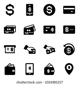 Solid vector icon set - dollar sign vector, mobile payment, coin, credit card, tap pay, receipt, cash, money back, wallet, finance management, atm map pin