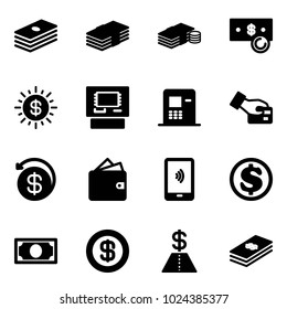 Solid vector icon set - dollar vector, cash, sun, atm, card pay, money back, wallet, mobile payment