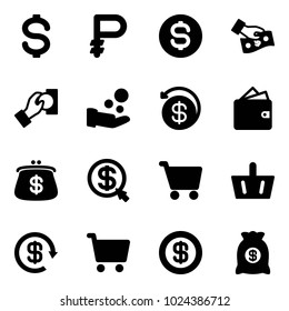 Solid vector icon set - dollar vector, ruble, coin, cash pay, money back, wallet, purse, click, cart, basket, reload, bag