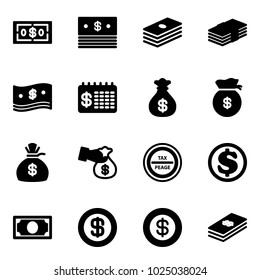 Solid vector icon set - dollar vector, cash, finance calendar, money bag, encashment, tax peage road sign