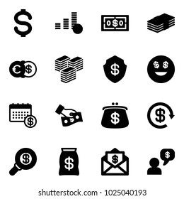 Solid vector icon set - dollar vector, coin, euro, big cash, safe, smile, calendar, pay, purse, reload, search money, bag, mail, dialog