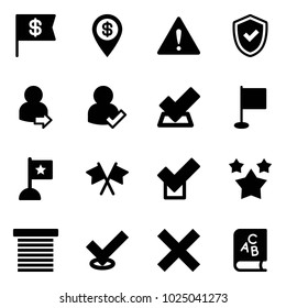 Solid vector icon set - dollar flag vector, pin, attention road sign, shield check, user login, flags cross, stars, jalousie, delete, abc book