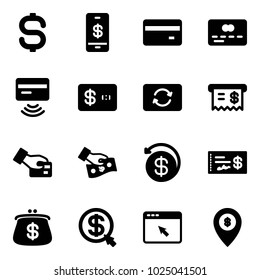 Solid vector icon set - dollar sign vector, mobile payment, credit card, tap pay, exchange, receipt, cash, money back, check, purse, click, cursor browser, atm map pin