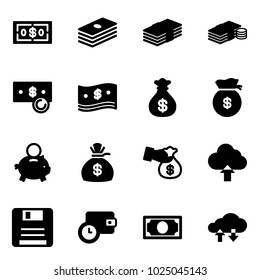 Solid vector icon set - dollar vector, cash, money bag, piggy bank, encashment, upload cloud, save, wallet time, exchange data