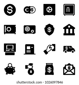 Solid vector icon set - dollar coin vector, euro, safe, bank, atm, cash pay, encashment car, piggy, rich, money bag, mail