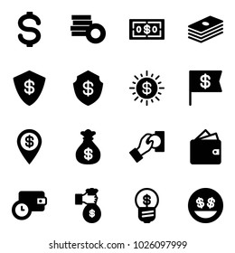 Solid vector icon set - dollar vector, coin, safe, sun, flag, pin, money bag, cash pay, wallet, time, rich, business idea, smile