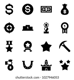 Solid vector icon set - dollar sign vector, coin, money bag, target, pedestal, award, gold medal, star, rock axe, rich, luck, sand fort, stars