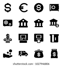 Solid vector icon set - dollar sign vector, euro, coin, safe, bank, account, atm, cash pay, encashment car, purse, money bag