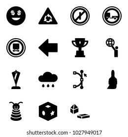 Solid vector icon set - dollar smile vector, round motion road sign, no parkin odd, trailer, dangerous cargo, left arrow, win cup, world, pennant, rain cloud, bezier, brush, pyramid toy, cube