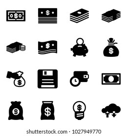 Solid vector icon set - dollar vector, cash, piggy bank, money bag, encashment, save, wallet time, business idea, cloud exchange data