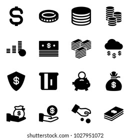 Solid vector icon set - dollar sign vector, coin, big cash, money rain, safe, atm, piggy bank, bag, investment