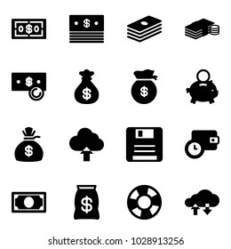 Solid vector icon set - dollar vector, cash, money bag, piggy bank, upload cloud, save, wallet time, lifebuoy, exchange data