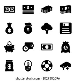 Solid vector icon set - dollar vector, cash, money bag, upload cloud, save, piggy bank, wallet time, business idea, lifebuoy, exchange data