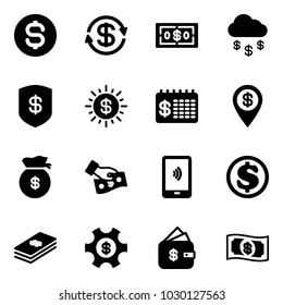 Solid vector icon set - dollar coin vector, exchange, money rain, safe, sun, finance calendar, pin, bag, cash pay, mobile payment, managemet, management