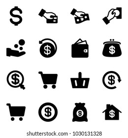 Solid vector icon set - dollar vector, card pay, cash, money back, wallet, purse, click, cart, basket, reload, bag, home