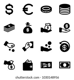 Solid vector icon set - dollar sign vector, euro, coin, money bag, investment, cash pay, back, encashment, wallet, check