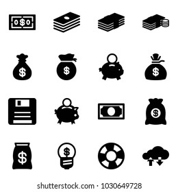 Solid vector icon set - dollar vector, cash, money bag, piggy bank, save, business idea, lifebuoy, cloud exchange data