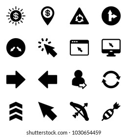 Solid vector icon set - dollar sun vector, pin, round motion road sign, only forward right, detour, cursor, browser, monitor, arrow, left, user login, refresh, chevron, bow, dart