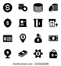 Solid vector icon set - dollar coin vector, safe, atm, finance calendar, pin, money bag, tree, managemet, management