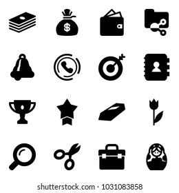 Solid vector icon set - dollar vector, money bag, wallet, shared folder, bell, phone horn, target, contact book, gold cup, star medal, tulip, magnifier, scissors, tool box, russian doll