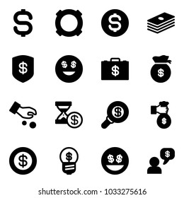 Solid vector icon set - dollar sign vector, currency, coin, safe, smile, money case, bag, investment, account history, search, rich, business idea, dialog