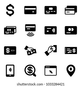 Solid vector icon set - dollar vector, credit card, tap pay, cash, check, mobile payment, money click, cursor browser, atm map pin