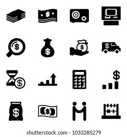 Solid vector icon set - dollar vector, cash, safe, atm, money search, bag, investment, encashment car, account history, growth arrow, calculator, chart, agreement, abacus
