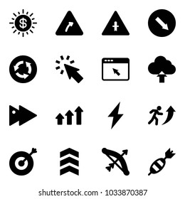 Solid vector icon set - dollar sun vector, turn right road sign, intersection, detour, circle, cursor, browser, upload cloud, fast forward, arrows up, lightning, career, target, chevron, bow, dart