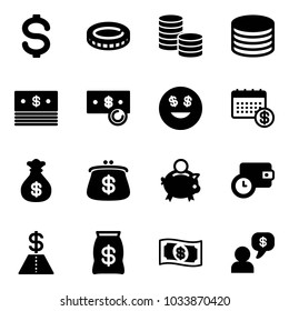 Solid vector icon set - dollar vector, coin, cash, smile, calendar, money bag, purse, piggy bank, wallet time, dialog