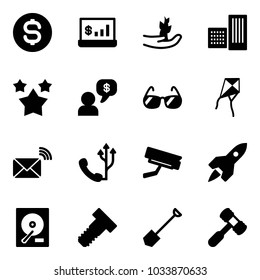Solid vector icon set - dollar coin vector, account statistics, hand sproute, building, stars, money dialog, sunglasses, kite, wireless mail, phone, surveillance camera, rocket, hdd, bolt, shovel