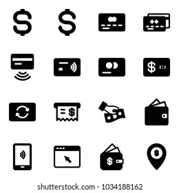 Solid vector icon set - dollar sign vector, credit card, tap pay, exchange, receipt, cash, wallet, mobile payment, cursor browser, finance management, atm map pin