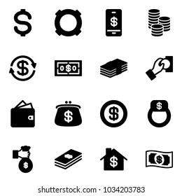 Solid vector icon set - dollar vector, currency, mobile payment, coin, exchange, cash pay, wallet, purse, finger ring, rich, home, money