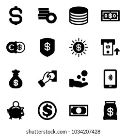 Solid vector icon set - dollar sign vector, coin, euro, safe, sun, atm, money bag, cash pay, mobile payment, piggy bank