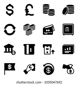 Solid vector icon set - dollar vector, pound, coin, exchange, big cash, credit card, safe, account, atm, statistics report, flag, pay, money back, encashment