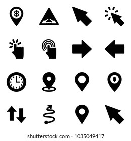 Solid vector icon set - dollar pin vector, drawbridge road sign, cursor, hand touch, right arrow, left, time, map, atm, up down arrows, trip, navigation