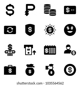 Solid vector icon set - dollar sign vector, ruble, coin, credit card, exchange, safe, sun, smile, bank, atm, finance calendar, account, money case, bag, rich